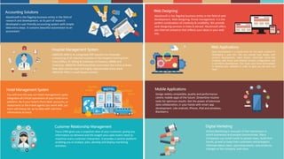 Accounting Solutions
Absolinsoft is the flagship business entity in the field of
research and development, as its part of research
developed a user friendly accounting system with simple
data entry steps. It contains beautiful automation to an
accountant
Hospital Management System
ABSOLIN HMS is an integrated ERP solution for Hospitals
comprising of all required modules in the Hospital starting from
Front Office, IP, Billing & Collection to Finance, HRMS and
Inventory. ABSOLIN HMS beautifully automates the entire process
flow with utmost ease and highly reduced data entry work.
ABSOLIN HMS is a web based solution.
Hotel Management System
You will love the way our hotel management system
integrates all critical operations of your hotel on one
platform. Be it your hotel's front desk, accounts, your
restaurants or the travel agents you work with, your
team will always be up-to-date with real time
information at hand.
Customer Relationship Management
Focus CRM gives you a snapshot view of your customer, giving you
information on demand and the insight your sales teams need to
maximize every customer interaction. It provides a central platform
enabling you to analyse, plan, develop and deploy marketing
activities.
Web Designing
Absolinsoft is the flagship business entity in the field of web
development, Web designing, Portal management. It is the
perfect combination of creativity & credibility. We provide
web-designing services in India & abroad. Absolinsoft offers
you Internet presence that reflects your ideas in your web
site.
Web Applications
Web development is a broad term for the work involved in
developing a web site. This can include web design, web
content development, client liaison, client-side server-side
scripting, web server and network security configuration, and
e-commerce development. Our team uses latest technologies
to develop your websites in order to give you the best you
need
Mobile Applications
Design widely compatible, quality and performance-
centric mobile apps of the future. Streamline routine
tasks for optimum results. Get the power of extensive
data collaboration, in your hands with smart app
development. Like android, iPhone, iPad and windows,
Blackberry
Digital Marketing
Online Marketing is now part of the mainstream in
which businesses and people communicate. Many
Companies use social media to spread news, build their
brand, as well as keep their customers and prospects
informed about news, upcoming events, new products,
changes at the company, and more.
 