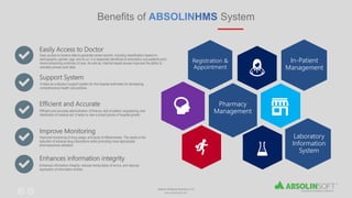 Benefits of ABSOLINHMS System
Easily Access to Doctor
Easy access to doctors data to generate varied records, including classification based on
demographic, gender, age, and so on. It is especially beneficial at ambulatory (out-patient) point,
hence enhancing continuity of care. As well as, Internet-based access improves the ability to
remotely access such data.
Support System
It helps as a decision support system for the hospital authorities for developing
comprehensive health care policies.
Efficient and Accurate
Efficient and accurate administration of finance, diet of patient, engineering, and
distribution of medical aid. It helps to view a broad picture of hospital growth
Improve Monitoring
Improved monitoring of drug usage, and study of effectiveness. This leads to the
reduction of adverse drug interactions while promoting more appropriate
pharmaceutical utilization.
Enhances information integrity
Enhances information integrity, reduces transcription of errors, and reduces
duplication of information entries.
Pharmacy
Management
Registration &
Appointment
In-Patient
Management
Laboratory
Information
System
Absolin Software Solutions LLP
www.absolinsoft.com
 