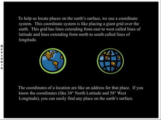 To help us locate places on the earth’s surface, we use a coordinate
system. This coordinate system is like placing a giant grid over the
earth. This grid has lines extending from east to west called lines of
latitude and lines extending from north to south called lines of
longitude.
The coordinates of a location are like an address for that place. If you
know the coordinates (like 34° North Latitude and 58° West
Longitude), you can easily find any place on the earth’s surface.
 