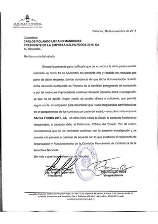 Supuesta carta de la Comisión de Contraloría de la Asamblea Nacional de Venezuela a Salva Foods 2015