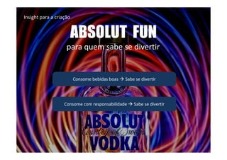 Insight para a criação


                         ABSOLUT FUN
                    para quem sabe se divertir


                         Consome bebidas boas   Sabe se divertir




                   Consome com responsabilidade     Sabe se divertir
 