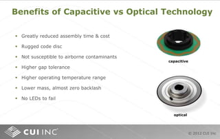 © 2012 CUI Inc
Benefits of Capacitive vs Optical Technology
capacitive
optical
 Greatly reduced assembly time & cost
 Rugged code disc
 Not susceptible to airborne contaminants
 Higher gap tolerance
 Higher operating temperature range
 Lower mass, almost zero backlash
 No LEDs to fail
 