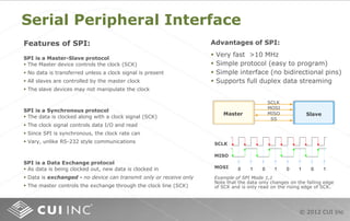 © 2012 CUI Inc
Serial Peripheral Interface
SCLK
MOSI
MISO
SS
Master Slave
SCLK
MISO
MOSI
Example of SPI Mode 1,1
Note that the data only changes on the falling edge
of SCK and is only read on the rising edge of SCK.
0 0 0 01 1 1 1
Advantages of SPI:
 Very fast >10 MHz
 Simple protocol (easy to program)
 Simple interface (no bidirectional pins)
 Supports full duplex data streaming
SPI is a Master-Slave protocol
 The Master device controls the clock (SCK)
 No data is transferred unless a clock signal is present
 All slaves are controlled by the master clock
 The slave devices may not manipulate the clock
SPI is a Data Exchange protocol
 As data is being clocked out, new data is clocked in
 Data is exchanged - no device can transmit only or receive only
 The master controls the exchange through the clock line (SCK)
SPI is a Synchronous protocol
 The data is clocked along with a clock signal (SCK)
 The clock signal controls data I/O and read
 Since SPI is synchronous, the clock rate can
 Vary, unlike RS-232 style communications
Features of SPI:
 