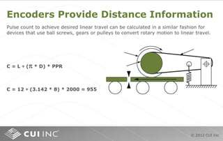 © 2012 CUI Inc
Encoders Provide Distance Information
C = L ÷ (p * D) * PPR
C = 12 ÷ (3.142 * 8) * 2000 = 955
Pulse count to achieve desired linear travel can be calculated in a similar fashion for
devices that use ball screws, gears or pulleys to convert rotary motion to linear travel.
 