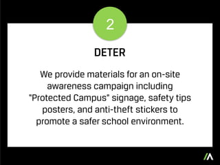 We provide materials for an on-site
awareness campaign including
“Protected Campus” signage, safety tips
posters, and anti-theft stickers to
promote a safer school environment.
2
DETER
 