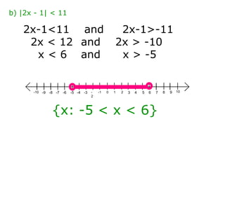 b) |2x - 1| < 11 2x-1<11  and  2x-1>-11 2x < 12  and   2x > -10 x < 6  and   x > -5 {x: -5 < x < 6} 1 0 2 3 4 5 6 7 8 9 10 -1 -2 -3 -4 -5 -6 -7 -8 -9 -10 