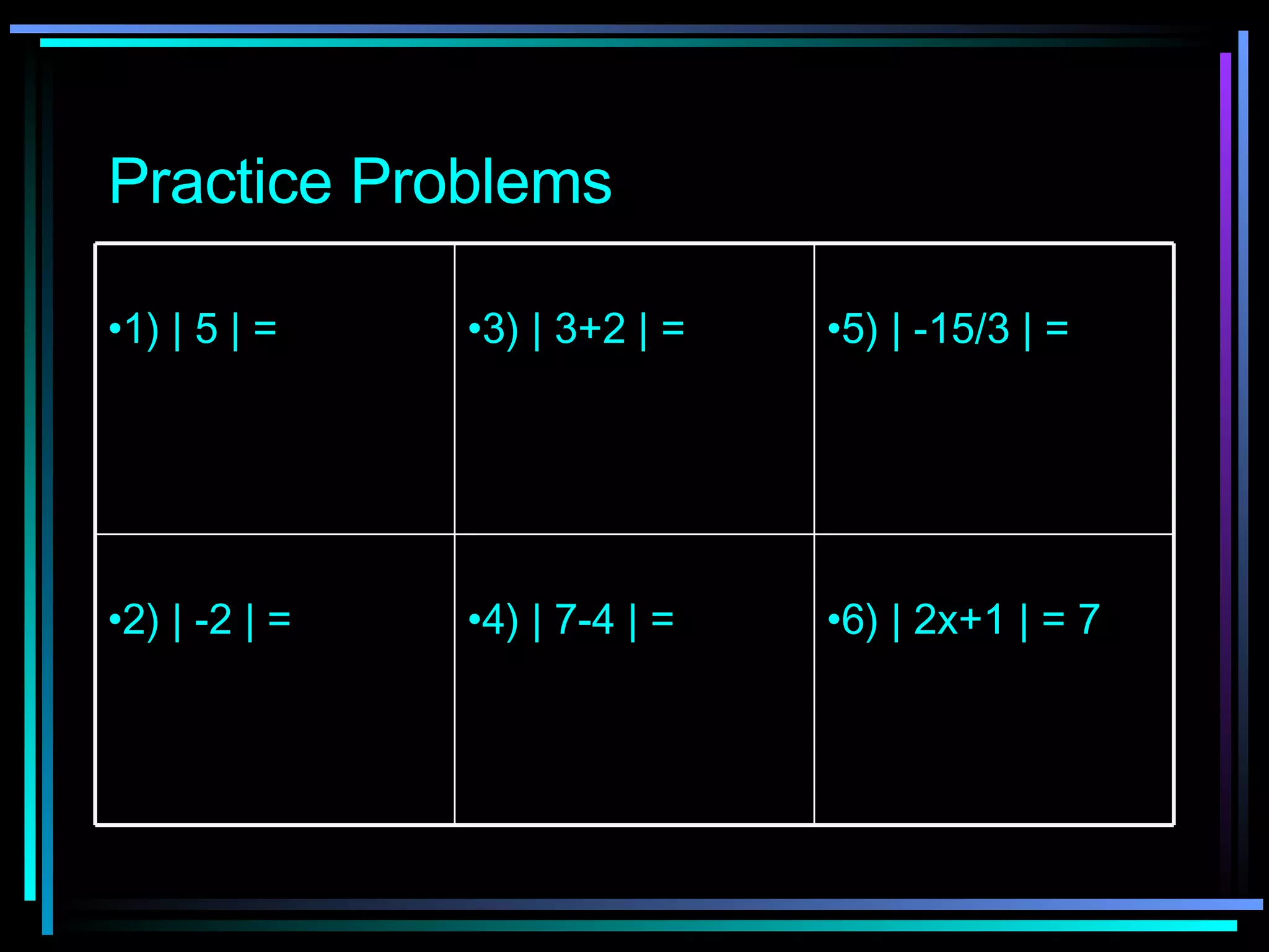Practice   Problems 6) | 2x+1 | = 7 4) | 7-4 | = 2) | -2 | = 5) | -15/3 | = 3) | 3+2 | = 1) | 5 | = 