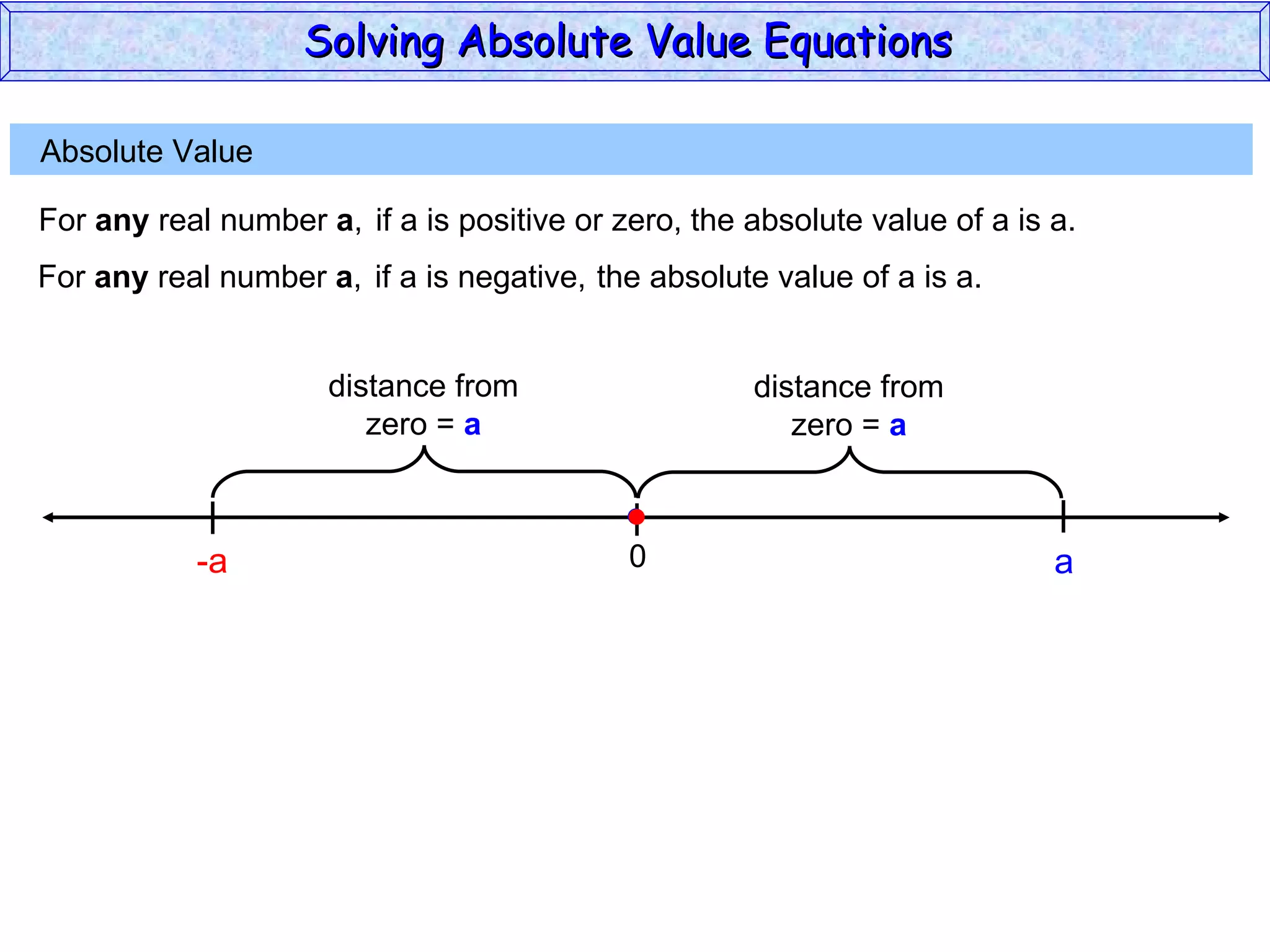 Absolute Value  For  any  real number  a , if a is positive or zero,  the absolute value of a is a. 0 a For  any  real number  a , if a is negative,  the absolute value of a is a. -a Solving Absolute Value Equations  distance from zero =  a distance from zero =  a 