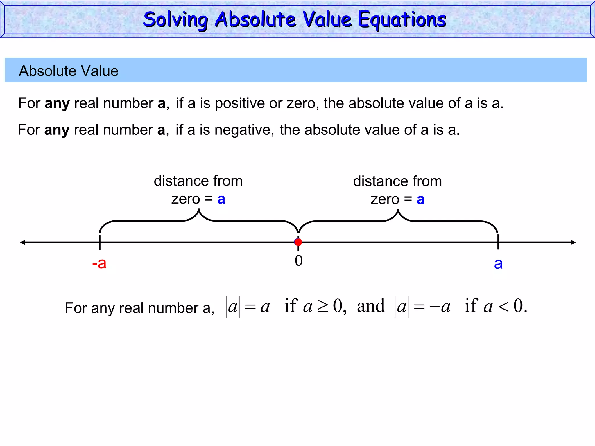 Absolute Value  For  any  real number  a , if a is positive or zero,  the absolute value of a is a. 0 a For  any  real number  a , if a is negative,  the absolute value of a is a. -a For any real number a, Solving Absolute Value Equations  distance from zero =  a distance from zero =  a 