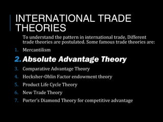 INTERNATIONAL TRADE
THEORIES
To understand the pattern in international trade, Different
trade theories are postulated. Some famous trade theories are:
1. Mercantilism
2.Absolute Advantage Theory
3. Comparative Advantage Theory
4. Hecksher-Ohlin Factor endowment theory
5. Product Life Cycle Theory
6. New Trade Theory
7. Porter’s Diamond Theory for competitive advantage
 