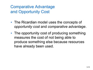 3-10
Comparative Advantage
and Opportunity Cost
• The Ricardian model uses the concepts of
opportunity cost and comparative advantage.
• The opportunity cost of producing something
measures the cost of not being able to
produce something else because resources
have already been used.
 