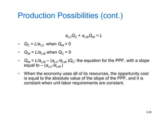 3-26
Production Possibilities (cont.)
aLCQC + aLWQW = L
• QC = L/aLC when QW = 0
• QW = L/aLW when QC = 0
• QW = L/aLW – (aLC /aLW )QC: the equation for the PPF, with a slope
equal to – (aLC /aLW )
• When the economy uses all of its resources, the opportunity cost
is equal to the absolute value of the slope of the PPF, and it is
constant when unit labor requirements are constant.
 
