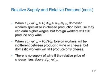 3-37
Relative Supply and Relative Demand (cont.)
• When a*
LC /a*
LW > Pc /PW > aLC /aLW , domestic
workers specialize in cheese production because they
can earn higher wages, but foreign workers will still
produce only wine.
• When a*
LC /a*
LW = PC / PW, foreign workers will be
indifferent between producing wine or cheese, but
domestic workers will still produce only cheese.
• There is no supply of wine if the relative price of
cheese rises above a*
LC /a*
LW
 