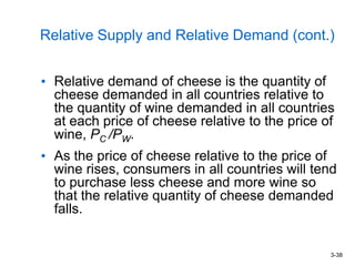 3-38
Relative Supply and Relative Demand (cont.)
• Relative demand of cheese is the quantity of
cheese demanded in all countries relative to
the quantity of wine demanded in all countries
at each price of cheese relative to the price of
wine, PC /PW.
• As the price of cheese relative to the price of
wine rises, consumers in all countries will tend
to purchase less cheese and more wine so
that the relative quantity of cheese demanded
falls.
 