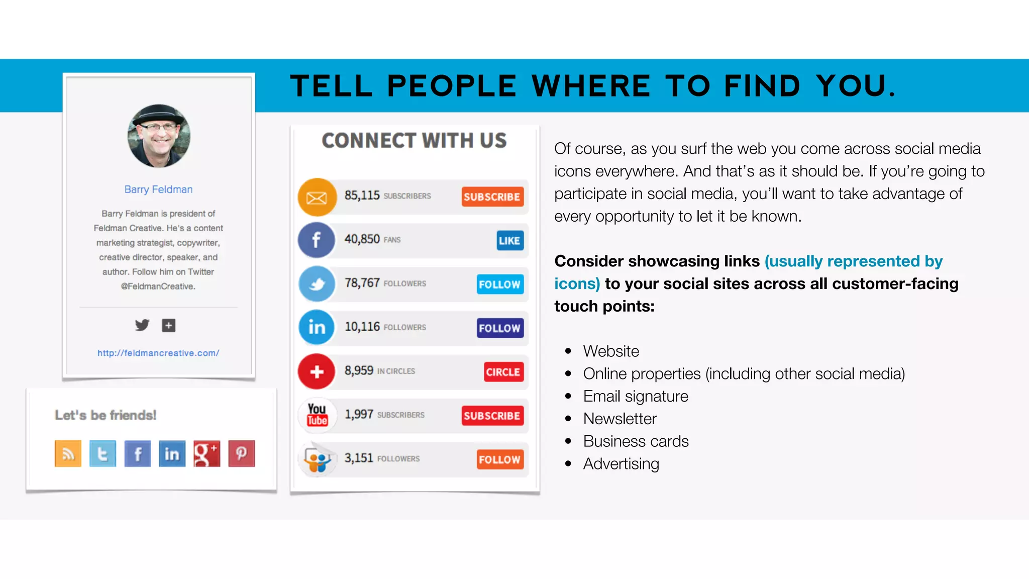 Of course, as you surf the web you come across social media
icons everywhere. And that’s as it should be. If you’re going to
participate in social media, you’ll want to take advantage of
every opportunity to let it be known.
Consider showcasing links (usually represented by
icons) to your social sites across all customer-facing
touch points:
• Website
• Online properties (including other social media)
• Email signature
• Newsletter
• Business cards
• Advertising
TELL PEOPLE WHERE TO FIND YOU.
 
