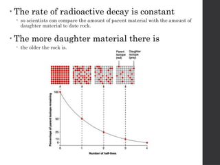 • The rate of radioactive decay is constant
 so scientists can compare the amount of parent material with the amount of
daughter material to date rock.
• The more daughter material there is
 the older the rock is.
 