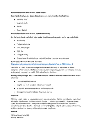 Global Absolute Encoders Market, by Technology
Based on technology, the global absolute encoders market can be classified into:
 Insulated Shaft
 Magnetic Shaft
 Rotary
 Rotary Optical
Global Absolute Encoders Market, by End-use Industry
On the basis of end-use industry, the global absolute encoders market can be segregated into:
 Automotive
 Packaging Industry
 Food & Beverages
 Oil & Gas
 Energy & Utility
 Others (paper & print industry, material handling, chemical, among others)
Purchase our Premium Research Report at:
https://www.transparencymarketresearch.com/checkout.php?rep_id=73055&ltype=S
This study by TMR is all-encompassing framework of the dynamics of the market. It mainly
comprises critical assessment of consumers' or customers' journeys, current and emerging avenues,
and strategic framework to enable CXOs take effective decisions.
Our key underpinning is the 4-Quadrant Framework EIRS that offers detailed visualization of four
elements:
 Customer Experience Maps
 Insights and Tools based on data-driven research
 Actionable Results to meet all the business priorities
 Strategic Frameworks to boost the growth journey
About Us
TMR has a track record to provide ace market research solutions that has earned us the trust of our
clients for their business intelligence needs. Serving 13 industry verticals with a database of over
1,000 reports and 1 million + data points, our expanse to provide market research solutions is
exceptional. We deep dive for a thorough understanding of the subject, gather precise information,
and then analyze it to present solutions that are par excellence.
Contact:
90 State Street, Suite 700
Albany, NY 12207
 