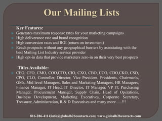 Key Features:
 Generates maximum response rates for your marketing campaigns
 High deliverance rate and brand recognition
 High conversion rates and ROI (return on investment)
 Reach prospects without any geographical barriers by associating with the
best Mailing List Industry service provider
 High opt-in data that provide marketers zero-in on their very best prospects
Titles Available:
 CEO, CFO, CMO, COO,CTO, CIO, CXO, CBO, CCO, CDO,CKO, CSO,
CPO, CLO, Controller, Director, Vice President, Presidents, Chairman's,
GMs, Mid level Managers, Sales and Marketing Managers, HR Managers,
Finance Manager, IT Head, IT Director, IT Manager, VP IT, Purchasing
Manager, Procurement Manager, Supply Chain, Head of Operations,
Business Development, Marketing Executives, Corporate Secretary,
Treasurer, Administration, R & D Executives and many more......!!!
816-286-4114|info@globalb2bcontacts.com| www.globalb2bcontacts.com
 