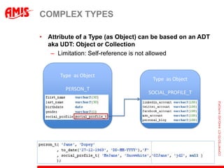 COMPLEX TYPES

• Attribute of a Type (as Object) can be based on an ADT
  aka UDT: Object or Collection
   – Limitation: S...