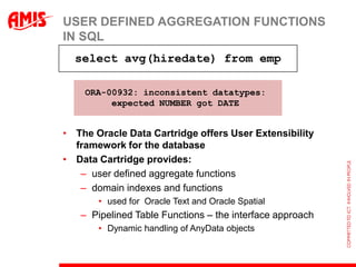USER DEFINED AGGREGATION FUNCTIONS
IN SQL
  select avg(hiredate) from emp

    ORA-00932: inconsistent datatypes:
        ...