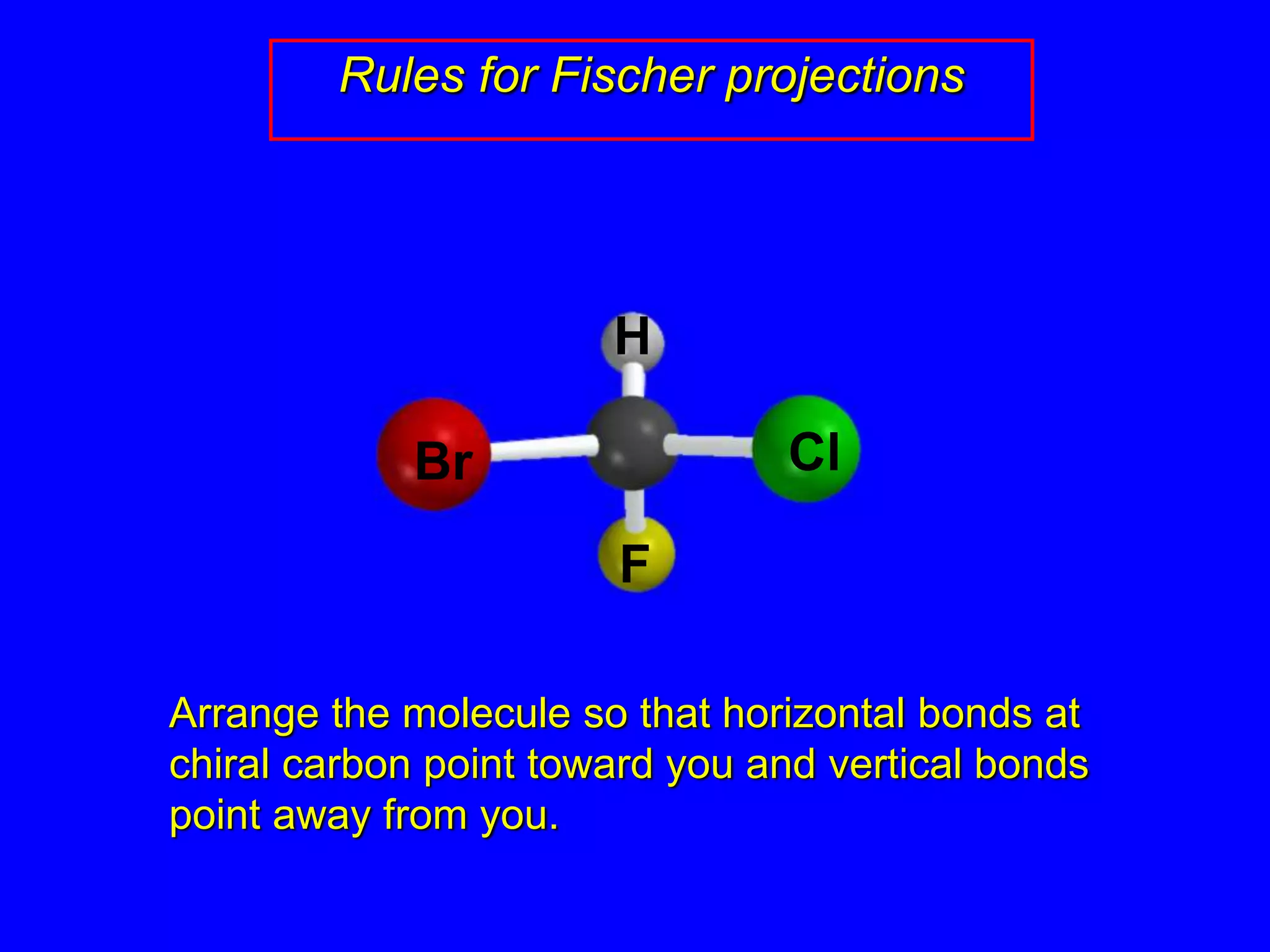 Rules for Fischer projections
Arrange the molecule so that horizontal bonds at
chiral carbon point toward you and vertical bonds
point away from you.
Br Cl
F
H
 