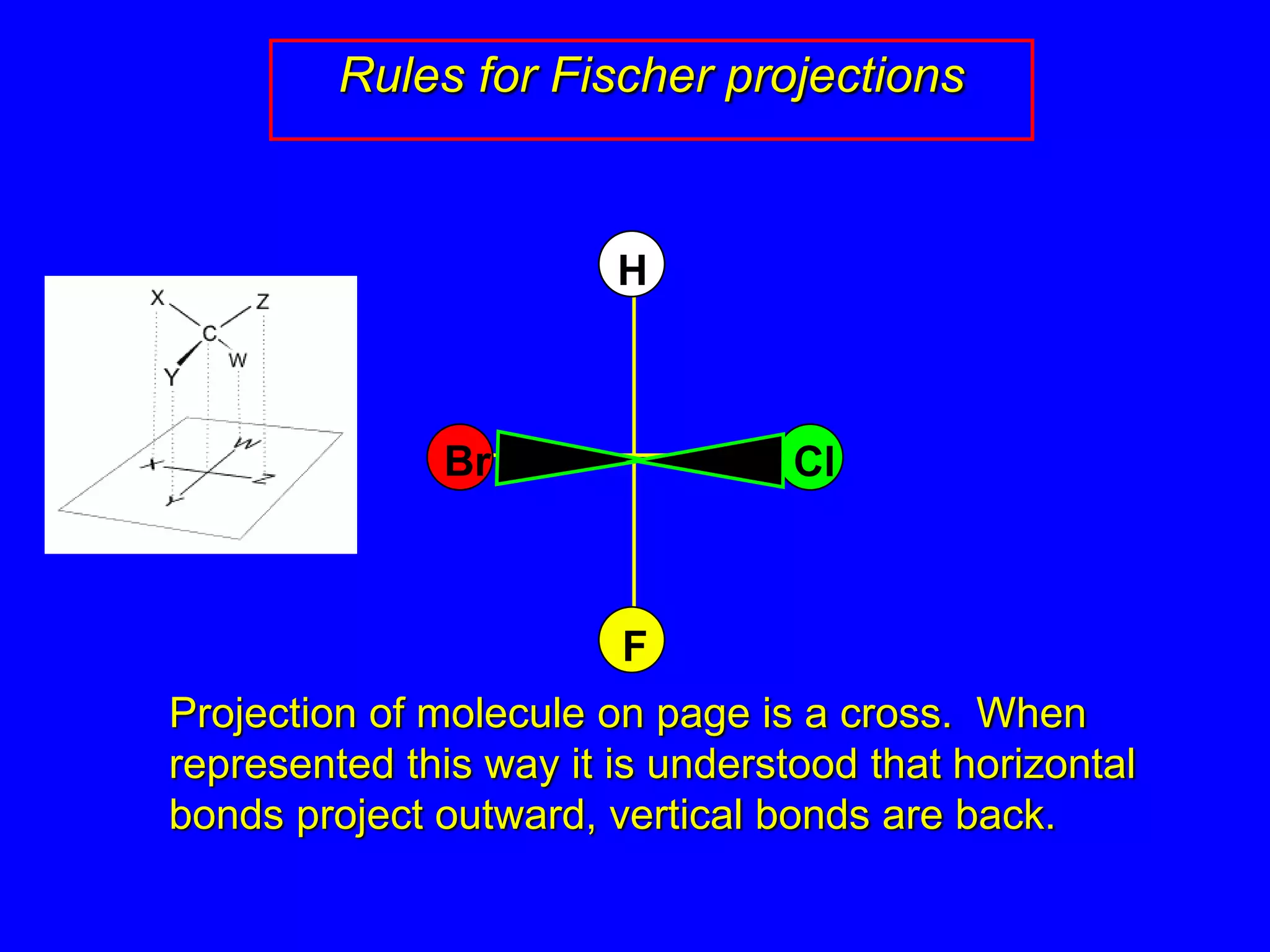 Rules for Fischer projections
Projection of molecule on page is a cross. When
represented this way it is understood that horizontal
bonds project outward, vertical bonds are back.
Br Cl
F
H
 