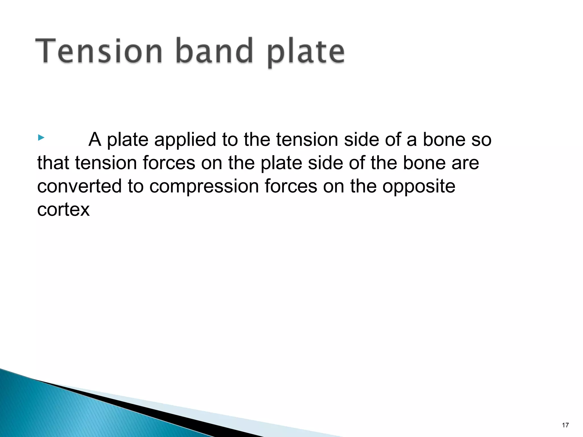  A plate applied to the tension side of a bone so
that tension forces on the plate side of the bone are
converted to compression forces on the opposite
cortex
17
 