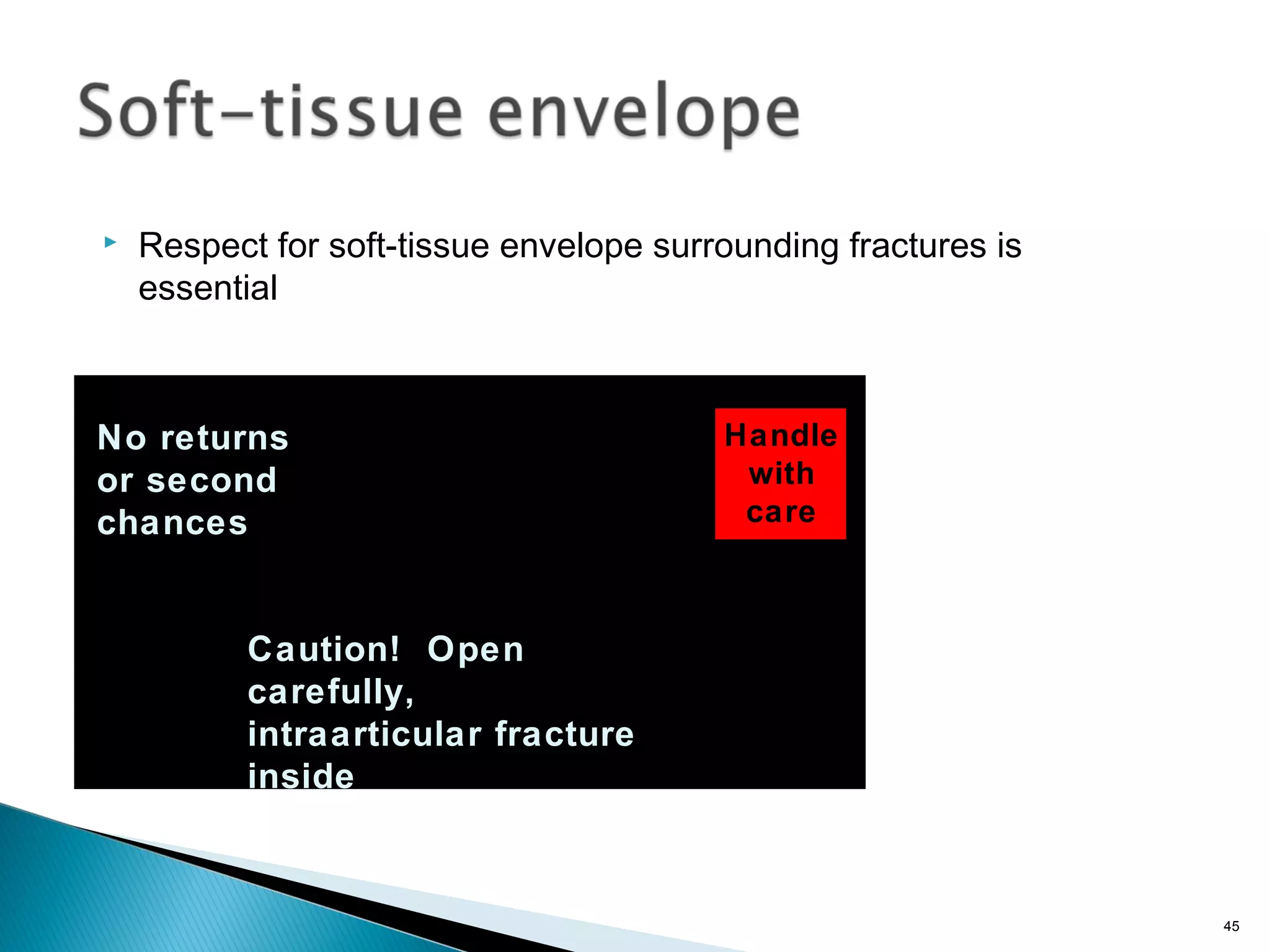  Respect for soft-tissue envelope surrounding fractures is
essential
45
Caution! Open
carefully,
intraarticular fracture
inside
No returns
or second
chances
Handle
with
care
 
