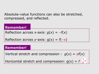 Reflection across x-axis: g(x) = –f(x)
Reflection across y-axis: g(x) = f(–x)
Remember!
Absolute-value functions can also be stretched,
compressed, and reflected.
Vertical stretch and compression : g(x) = af(x)
Horizontal stretch and compression: g(x) = f
Remember!
 