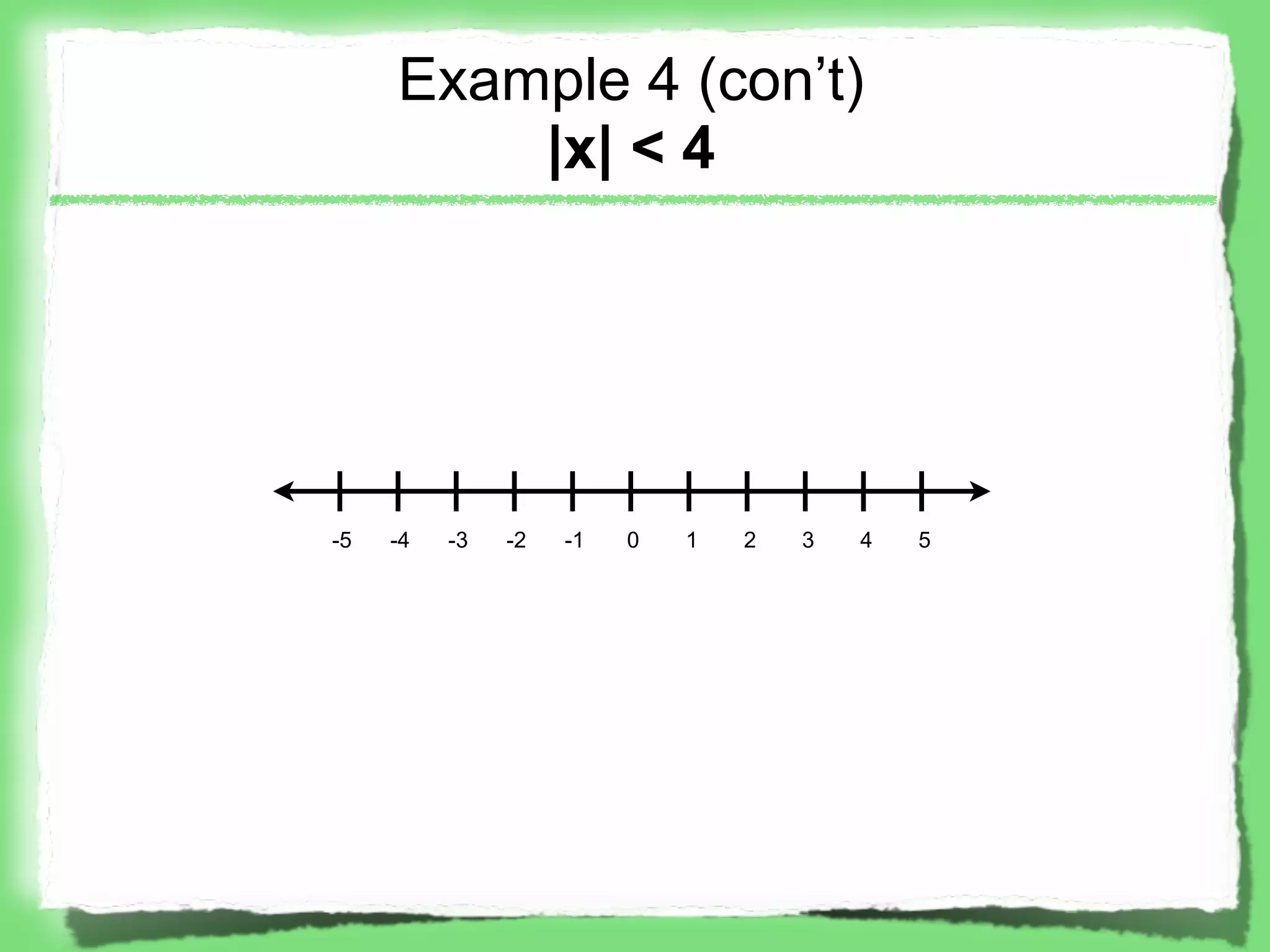Example 4 (con’t)
         |x| < 4




-5   -4   -3   -2   -1   0   1   2   3   4   5
 