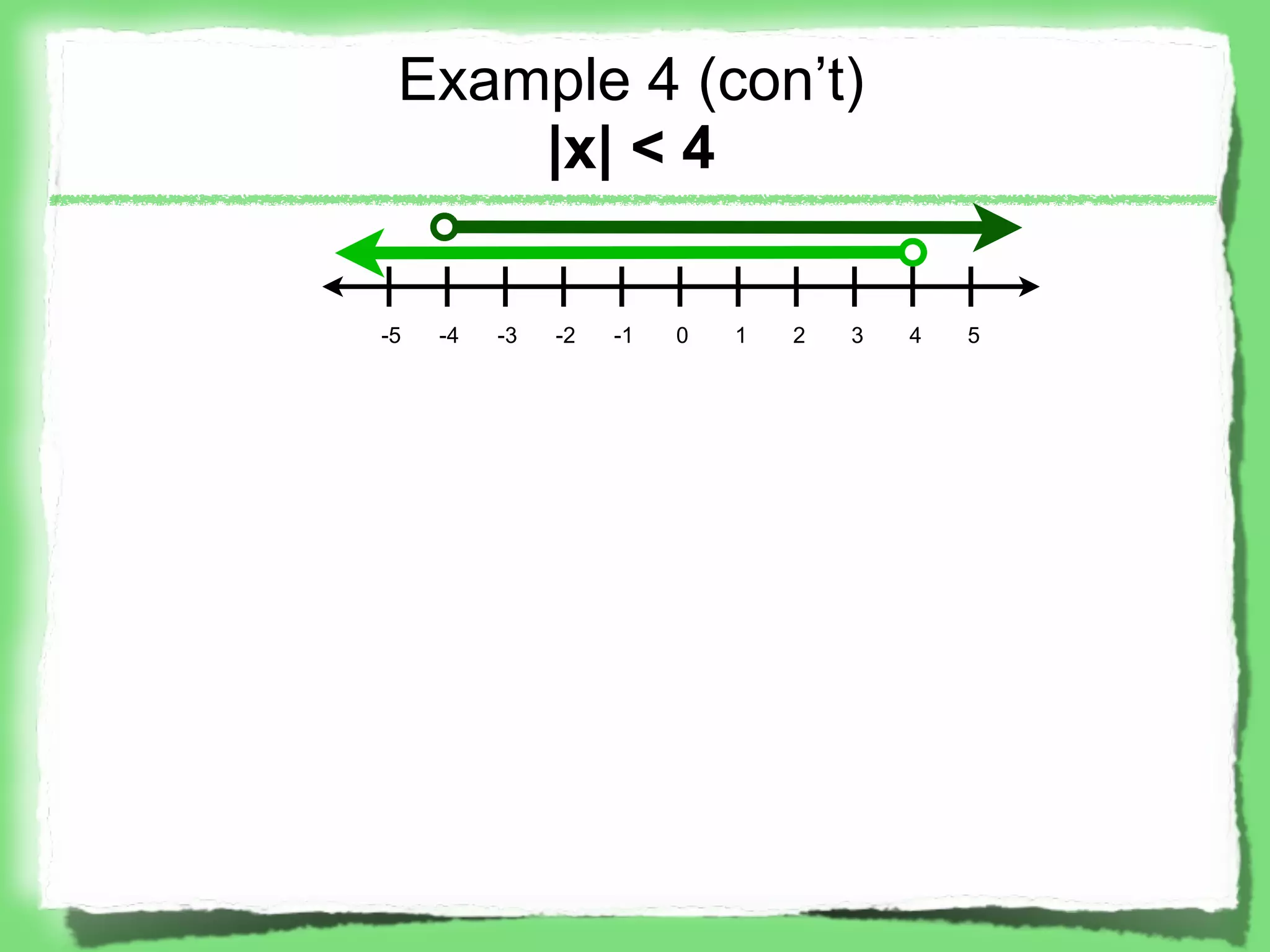 Example 4 (con’t)
     |x| < 4

-5   -4   -3   -2   -1   0   1   2   3   4   5
 