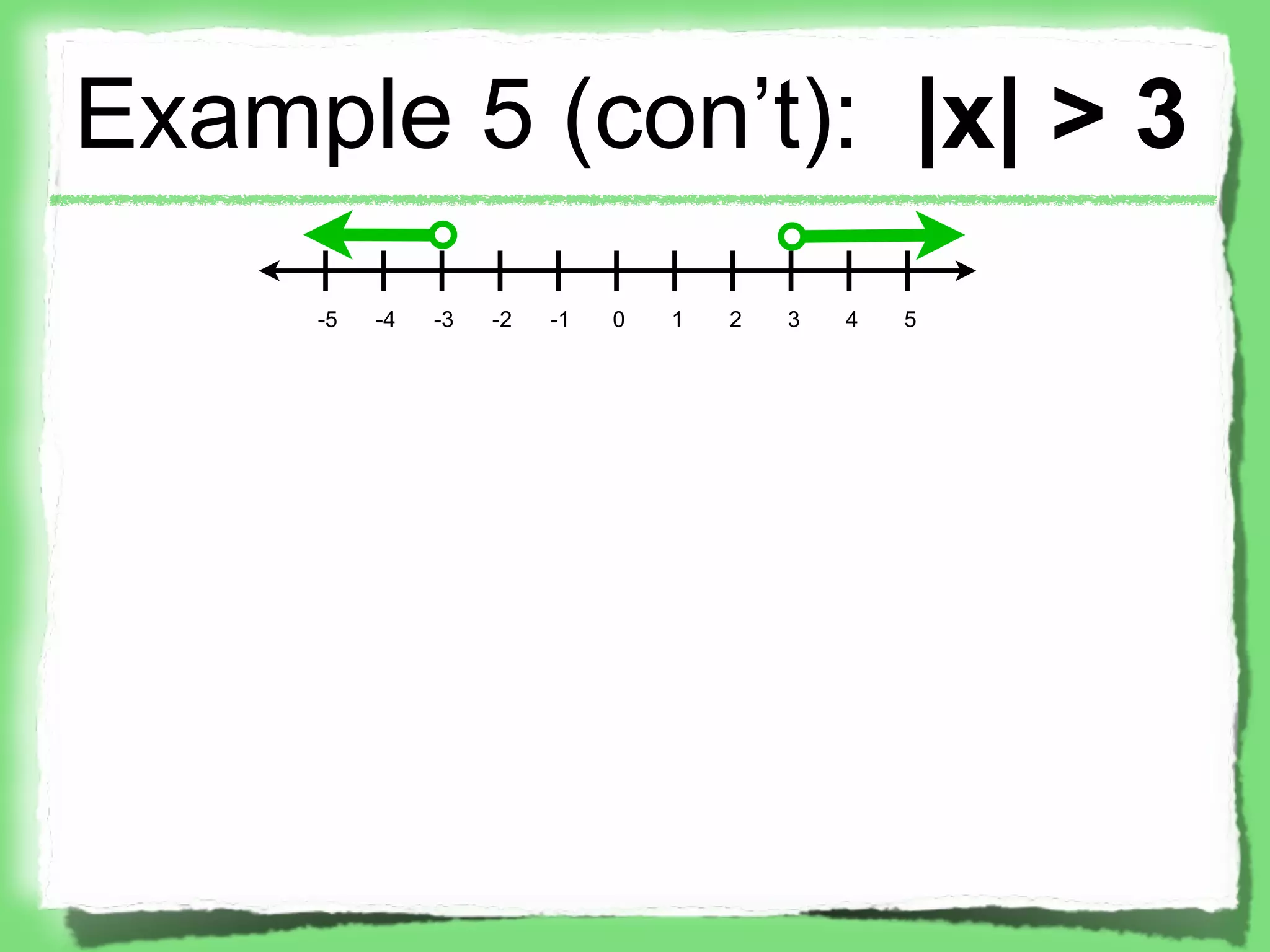 Example 5 (con’t): |x| > 3
     -5   -4   -3   -2   -1   0   1   2   3   4   5
 