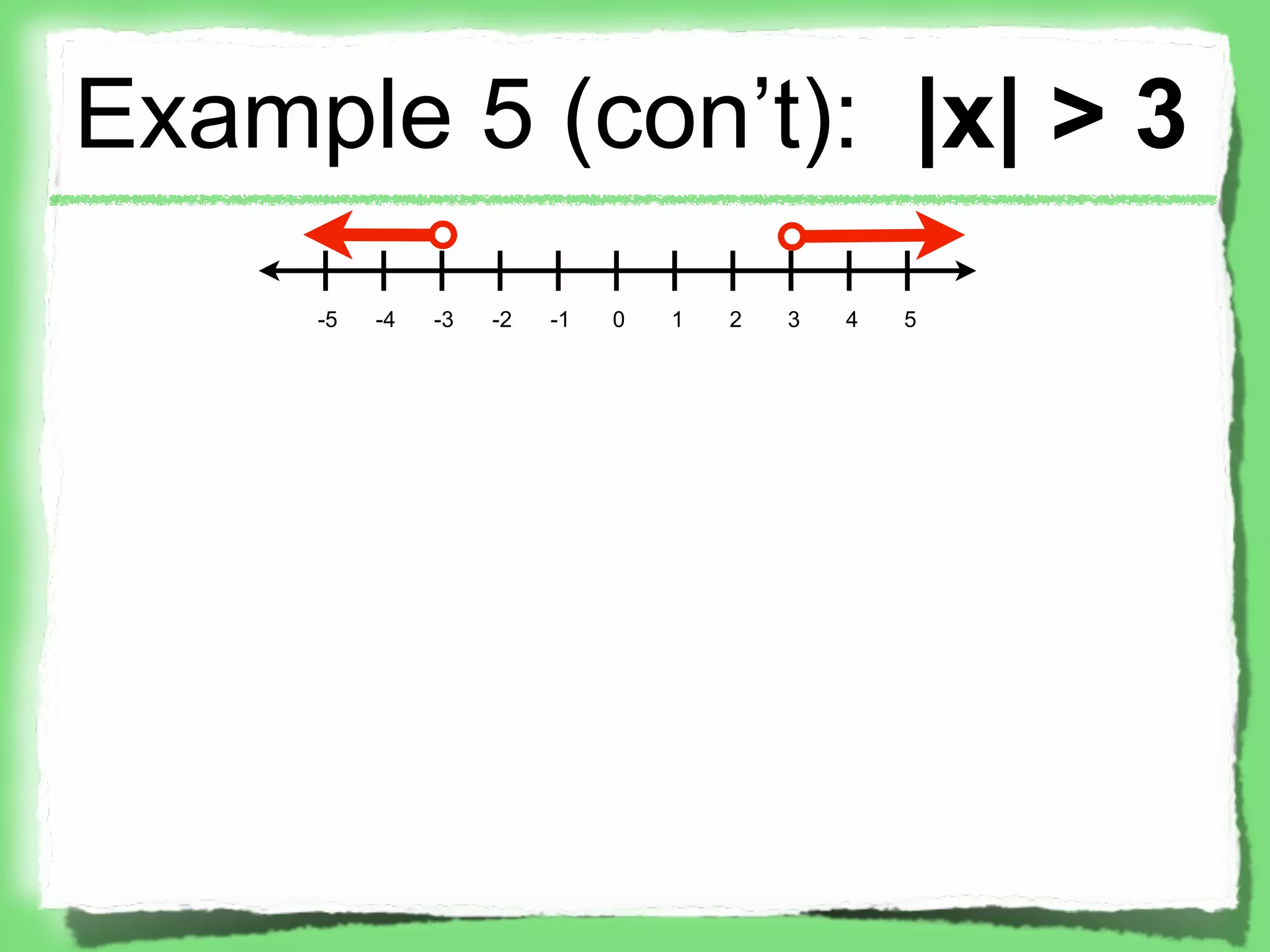 Example 5 (con’t): |x| > 3
     -5   -4   -3   -2   -1   0   1   2   3   4   5
 