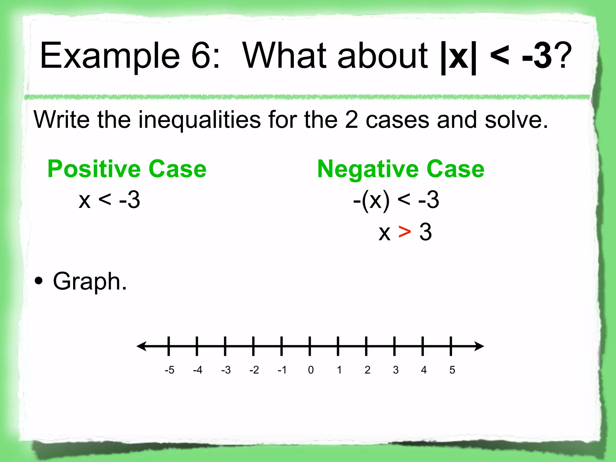 Example 6: What about |x| < -3?
Write the inequalities for the 2 cases and solve.

 Positive Case                           Negative Case
   x < -3                                  -(x) < -3
                                              x>3

• Graph.

            -5   -4   -3   -2   -1   0    1   2   3   4   5
 