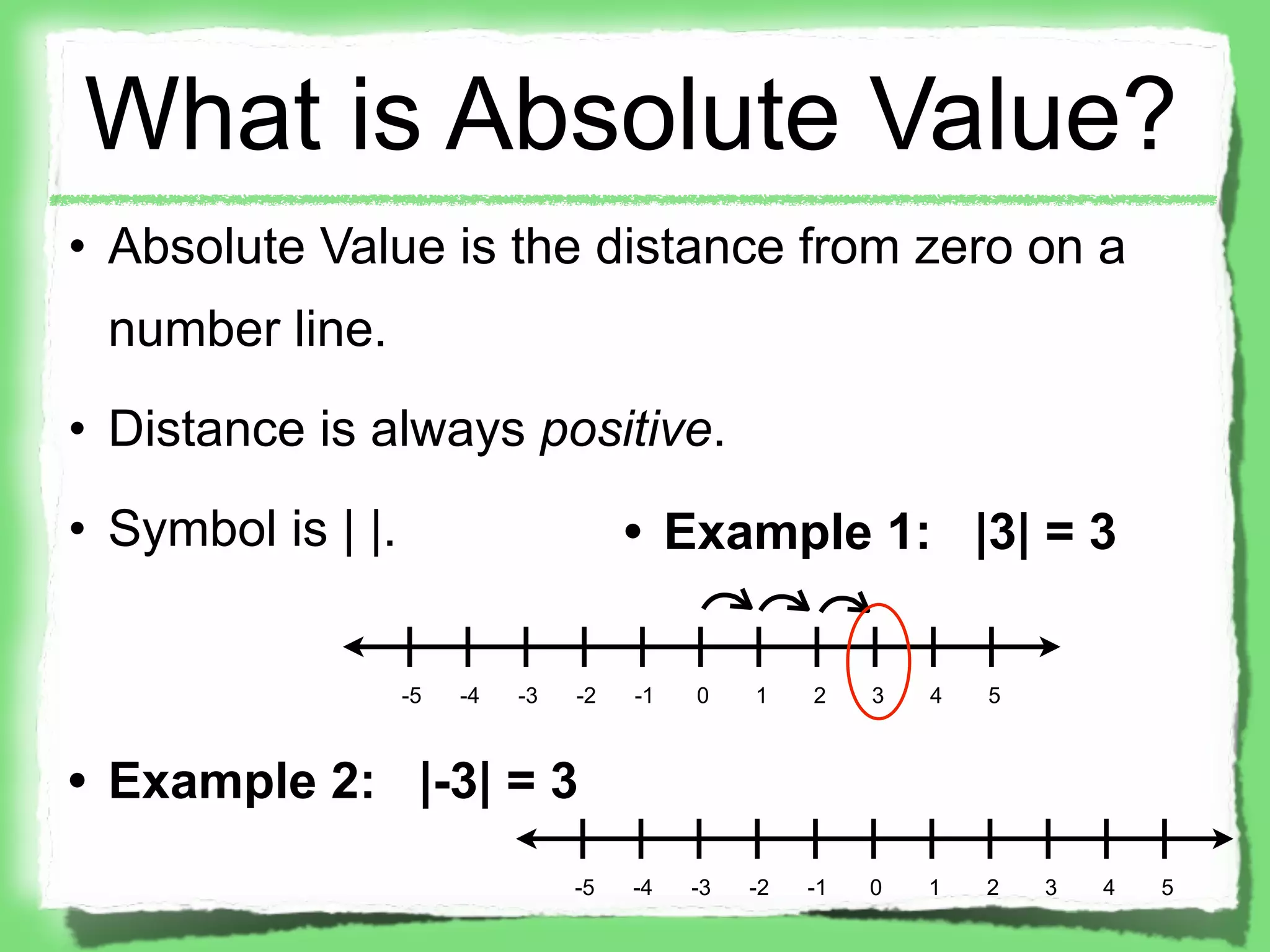 What is Absolute Value?
• Absolute Value is the distance from zero on a
 number line.
• Distance is always positive.
• Symbol is | |.                       • Example 1: |3| = 3


                   -5   -4   -3   -2   -1   0    1    2    3   4   5



• Example 2: |-3| = 3
                                  -5   -4   -3   -2   -1   0   1   2   3   4   5
 