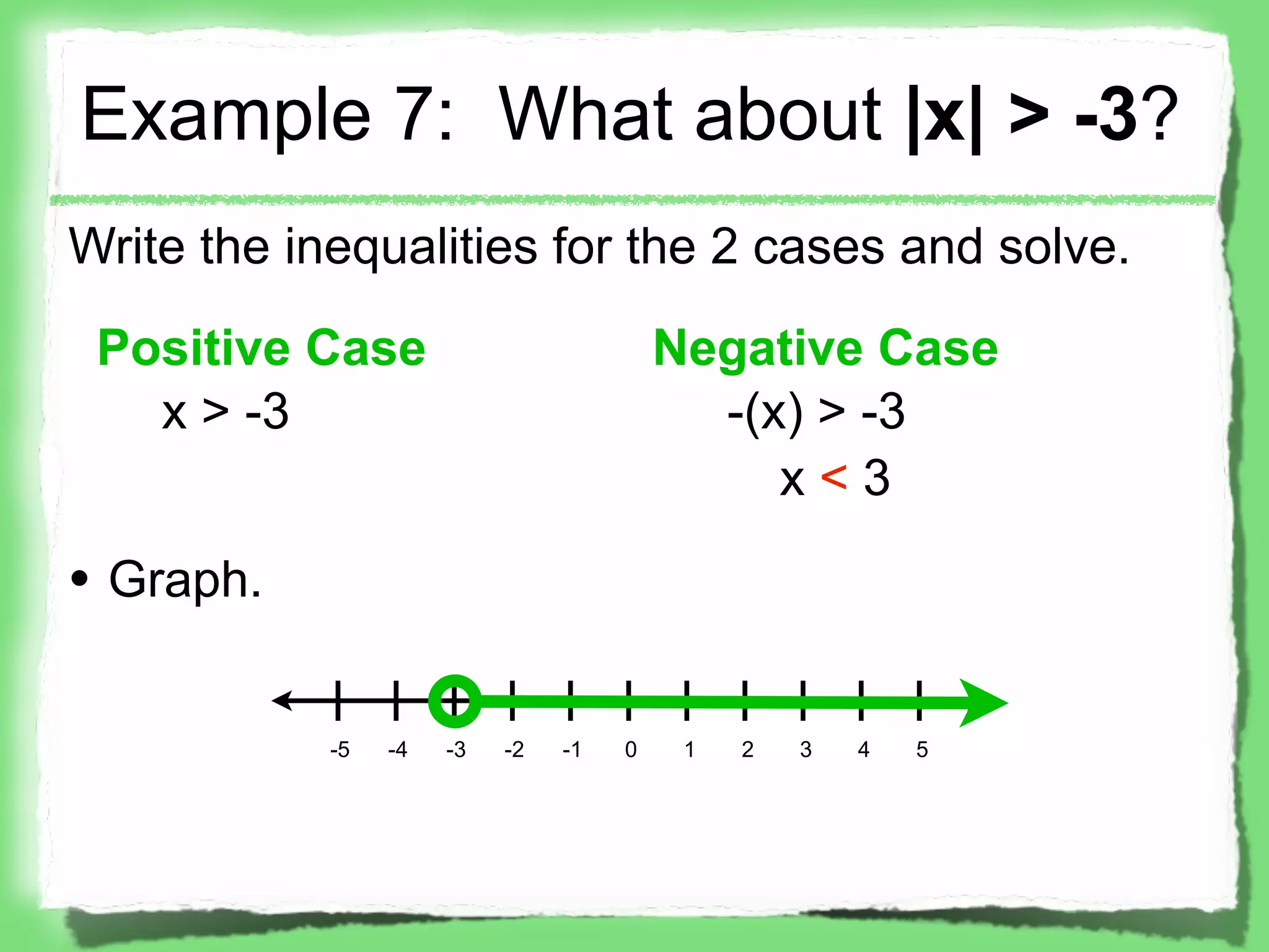 Example 7: What about |x| > -3?
Write the inequalities for the 2 cases and solve.

 Positive Case                           Negative Case
   x > -3                                  -(x) > -3
                                              x<3

• Graph.

            -5   -4   -3   -2   -1   0    1   2   3   4   5
 
