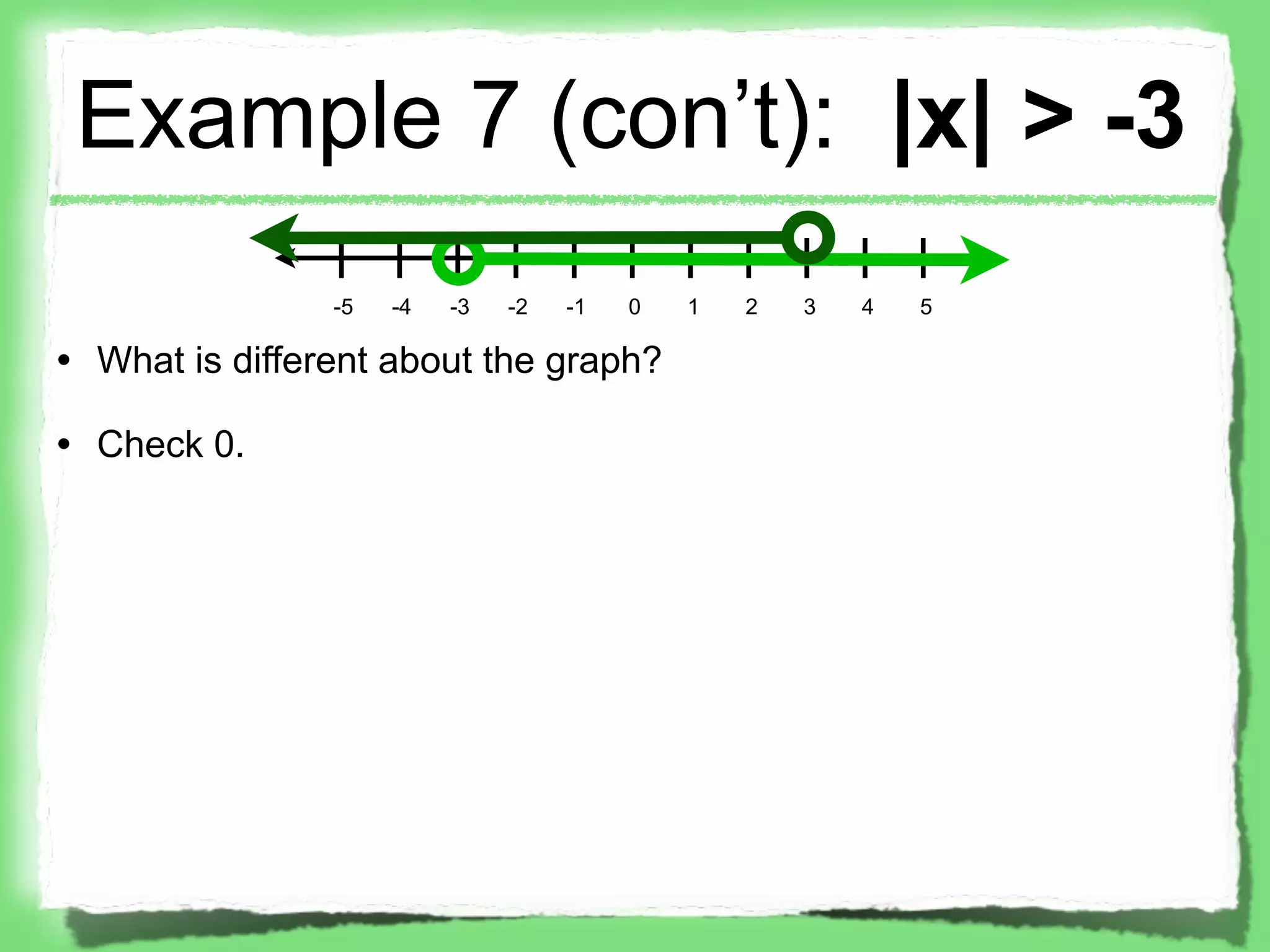 Example 7 (con’t): |x| > -3
                -5   -4   -3   -2   -1   0   1   2   3   4   5

• What is different about the graph?

• Check 0.
 