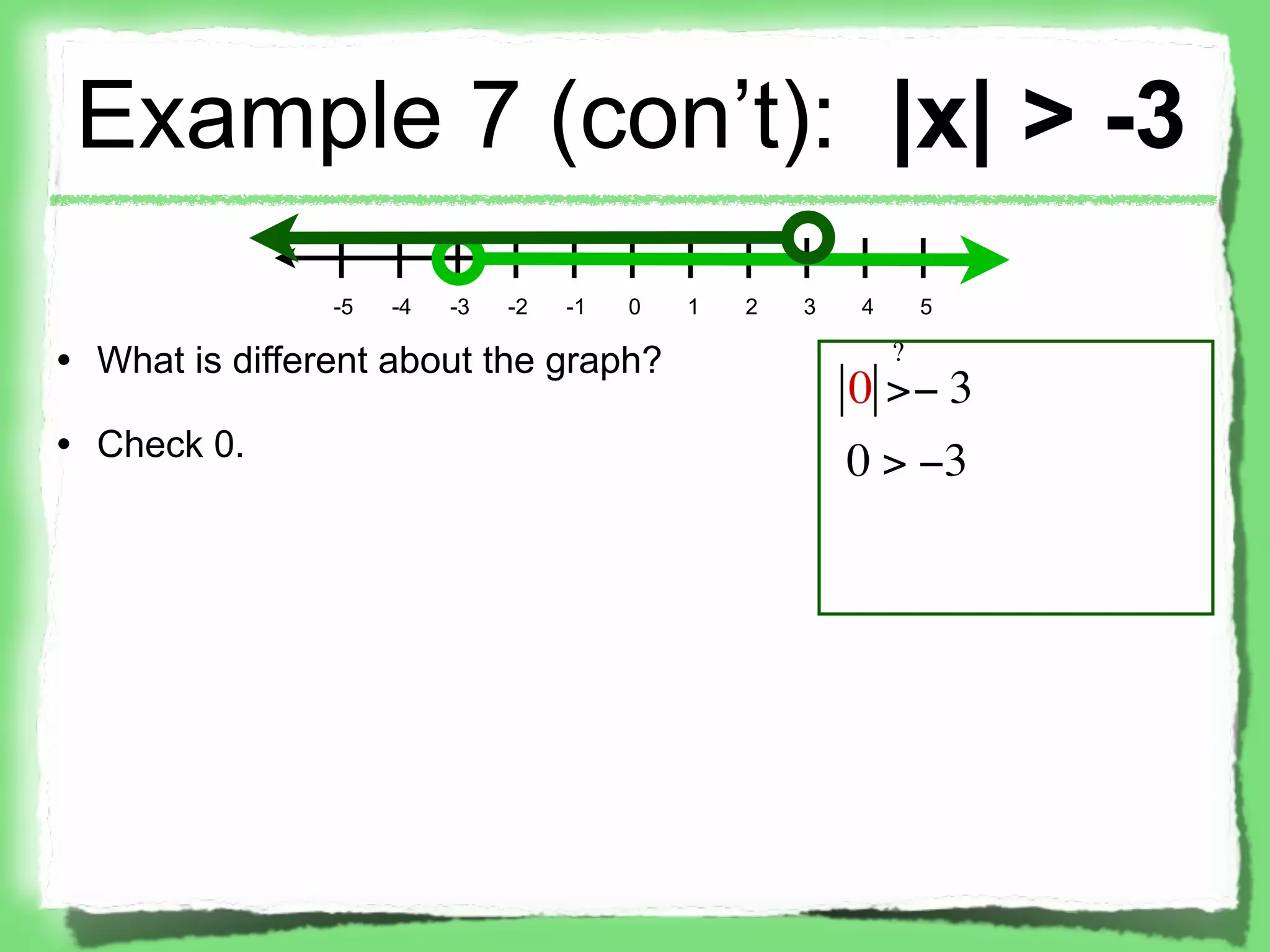 Example 7 (con’t): |x| > -3
                -5   -4   -3   -2   -1   0   1   2   3   4       5

• What is different about the graph?                         ?
                                                         0 >− 3
• Check 0.
                                                         0 > −3
 