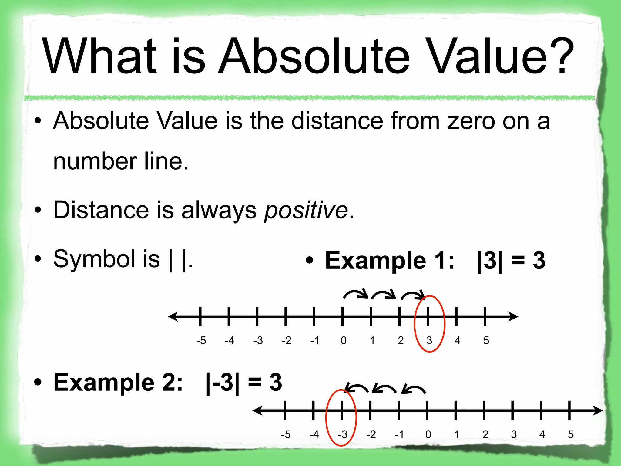 What is Absolute Value?
• Absolute Value is the distance from zero on a
 number line.
• Distance is always positive.
• Symbol is | |.                       • Example 1: |3| = 3


                   -5   -4   -3   -2   -1   0    1    2    3   4   5



• Example 2: |-3| = 3
                                  -5   -4   -3   -2   -1   0   1   2   3   4   5
 