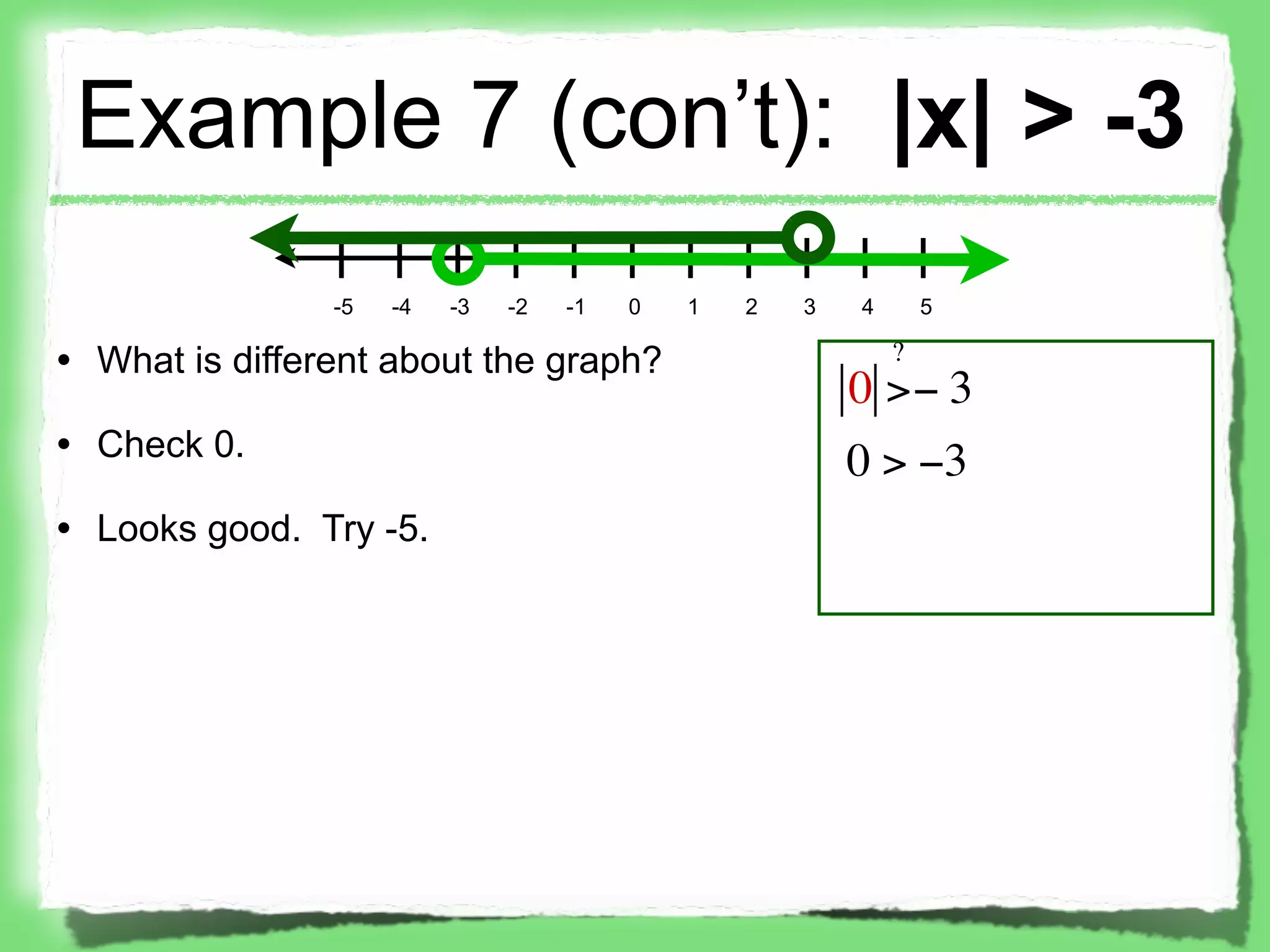Example 7 (con’t): |x| > -3
                -5   -4   -3   -2   -1   0   1   2   3   4       5

• What is different about the graph?                         ?
                                                         0 >− 3
• Check 0.
                                                         0 > −3
• Looks good. Try -5.
 