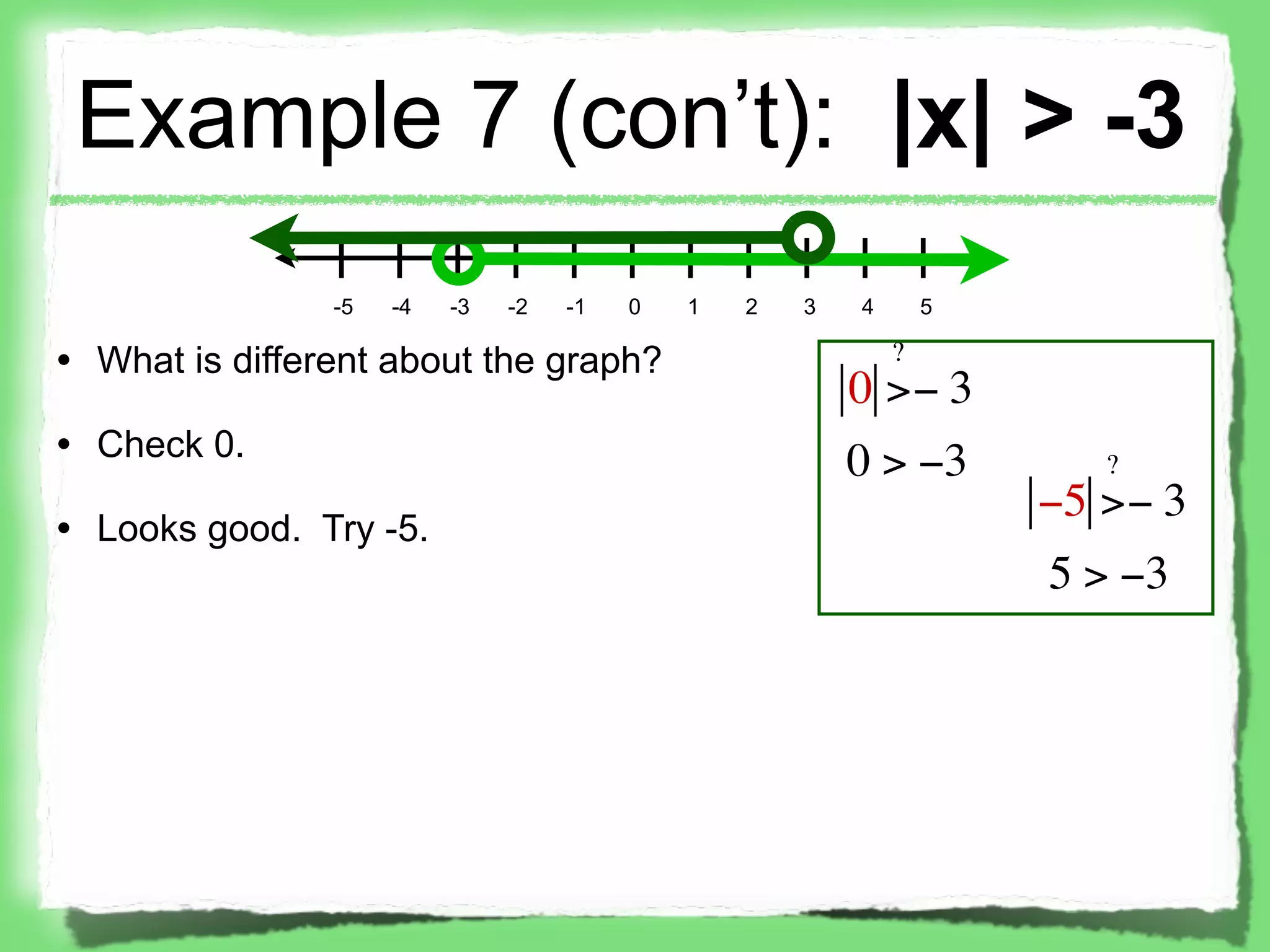 Example 7 (con’t): |x| > -3
                -5   -4   -3   -2   -1   0   1   2   3   4       5

• What is different about the graph?                         ?
                                                         0 >− 3
• Check 0.
                                                         0 > −3         ?
                                                                     −5 >− 3
• Looks good. Try -5.
                                                                     5 > −3
 