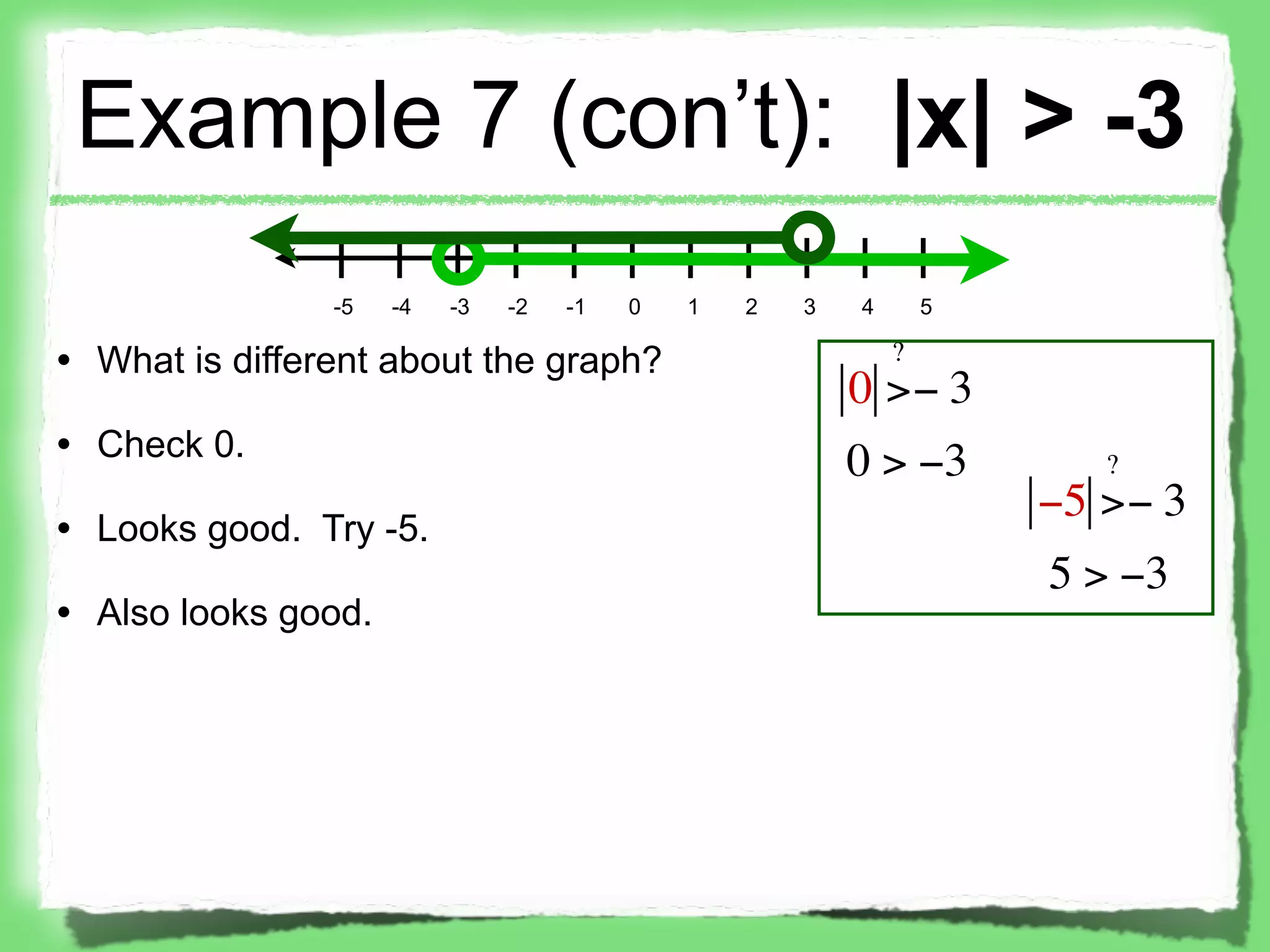 Example 7 (con’t): |x| > -3
                -5   -4   -3   -2   -1   0   1   2   3   4       5

• What is different about the graph?                         ?
                                                         0 >− 3
• Check 0.
                                                         0 > −3         ?
                                                                     −5 >− 3
• Looks good. Try -5.
                                                                     5 > −3
• Also looks good.
 
