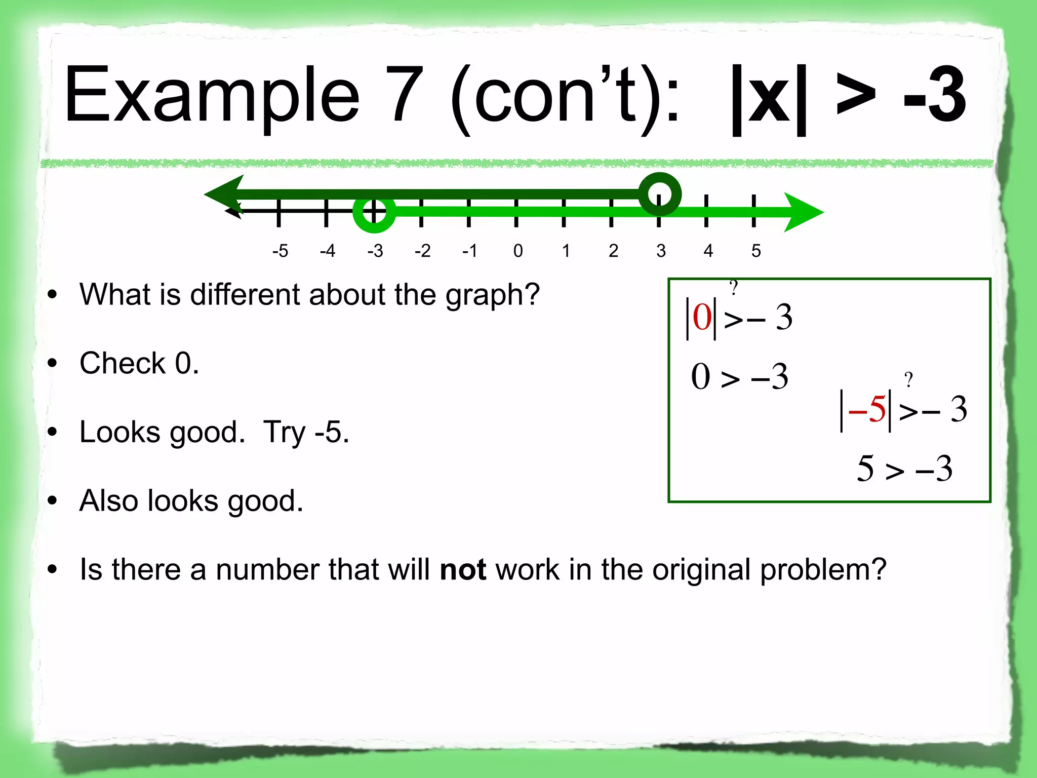 Example 7 (con’t): |x| > -3
                -5   -4   -3   -2   -1   0   1   2   3   4       5

• What is different about the graph?                         ?
                                                         0 >− 3
• Check 0.
                                                         0 > −3         ?
                                                                     −5 >− 3
• Looks good. Try -5.
                                                                     5 > −3
• Also looks good.

• Is there a number that will not work in the original problem?
 