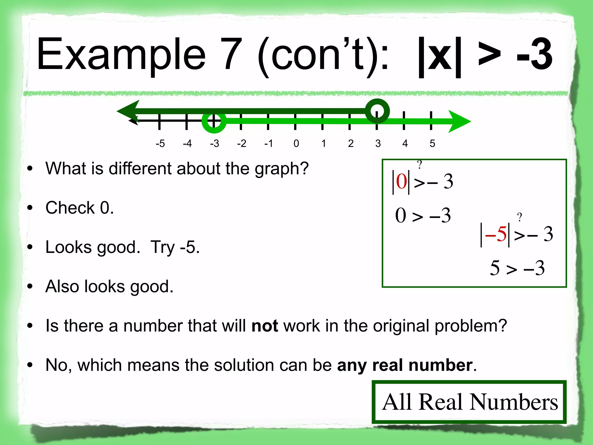 Example 7 (con’t): |x| > -3
                -5   -4   -3   -2   -1   0   1   2   3    4       5

• What is different about the graph?                          ?
                                                          0 >− 3
• Check 0.
                                                          0 > −3         ?
                                                                      −5 >− 3
• Looks good. Try -5.
                                                                      5 > −3
• Also looks good.

• Is there a number that will not work in the original problem?

• No, which means the solution can be any real number.

                                                         All Real Numbers
 