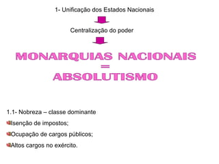 1- Unificação dos Estados Nacionais Centralização do poder MONARQUIAS NACIONAIS  =  ABSOLUTISMO 1.1- Nobreza – classe dominante Isenção de impostos; Ocupação de cargos públicos; Altos cargos no exército. 