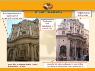 ARQUITETURA BARROCA
Igreja de S. Carlo das Quatro Fontes,
de Borromini, 1638-41
As colunas são usadas como elementos
decorativos e não para suportar o edifício
Fachadas onduladas
que sugerem
movimento e contraste
Predomínio da
linha curva
Fachadas
com
esculturas e
medalhões
 