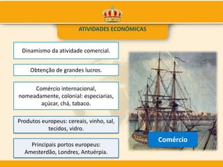 ATIVIDADES ECONÓMICAS
Obtenção de grandes lucros.
Comércio internacional,
nomeadamente, colonial: especiarias,
açúcar, chá, tabaco.
Produtos europeus: cereais, vinho, sal,
tecidos, vidro.
Principais portos europeus:
Amesterdão, Londres, Antuérpia.
Dinamismo da atividade comercial.
Comércio
 