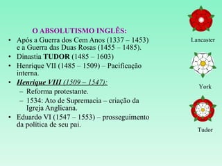 O ABSOLUTISMO INGLÊS: Após a Guerra dos Cem Anos (1337 – 1453) e a Guerra das Duas Rosas (1455 – 1485). Dinastia  TUDOR  (1485 – 1603) Henrique VII (1485 – 1509) – Pacificação interna. Henrique VIII  (1509 – 1547): Reforma protestante. 1534: Ato de Supremacia – criação da Igreja Anglicana. Eduardo VI (1547 – 1553) – prosseguimento da política de seu pai. Lancaster York Tudor 