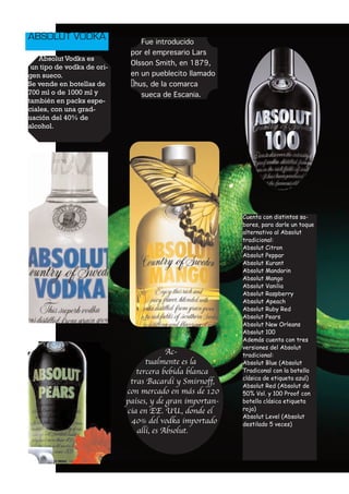 ABSOLUT VODKA                   Fue introducido
                             por el empresario Lars
    Absolut Vodka es
                             Olsson Smith, en 1879,
 un tipo de vodka de ori-
gen sueco.                   en un pueblecito llamado
Se vende en botellas de       hus, de la comarca
700 ml o de 1000 ml y           sueca de Escania.
también en packs espe-
ciales, con una grad-
uación del 40% de
alcohol.




                                                          Cuenta con distintos sa-
                                                          bores, para darle un toque
                                                          alternativo al Absolut
                                                          tradicional:
                                                          Absolut Citron
                                                          Absolut Peppar
                                                          Absolut Kurant
                                                          Absolut Mandarin
                                                          Absolut Mango
                                                          Absolut Vanilia
                                                          Absolut Raspberry
                                                          Absolut Apeach
                                                          Absolut Ruby Red
                                                          Absolut Pears
                                                          Absolut New Orleans
                                                          Absolut 100
                                                          Además cuenta con tres

                                         Ac-
                                                          versiones del Absolut
                                                          tradicional:
                                  tualmente es la         Absolut Blue (Absolut
                               tercera bebida blanca      Tradiconal con la botella
                             tras Bacard y Smirnoff,      clásica de etiqueta azul)
                                                          Absolut Red (Absolut de
                            con mercado en m s de 120     50% Vol. y 100 Proof con
                            pa ses, y de gran importan-   botella clásica etiqueta
                            cia en EE. UU., donde el      roja)

                             40% del vodka importado
                                                          Absolut Level (Absolut
                                                          destilado 5 veces)
                               all , es Absolut.