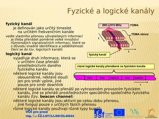 Fyzické a logické kanály
fyzický kanál                                                    890 – 915 MHz                     FDMA
    je definován jako určitý timeslot
       na určitém frekvenčním kanále                                     33
                                                                           33                      TDMA rámce
vedle vlastního přenosu uživatelských informací                              3
                                                                              3          ..
                                                             t     ..                      .
   je třeba přenášet poměrně velké množství                          .            3
   různorodých signalizačních informací, které se                                 3 3
                                                                                     3
   z důvodu snadné identifikace a oddělitelnosti
   člení se do tzv. logických kanálů
                                                                                               t
logický kanál                                        fyzický kanál
    vyjadřuje druh informace, která se
      v určitém čase přenáší
      prostřednictvím daného                různé logické kanály přenášené na fyzickém kanále
      fyzického kanálu
    některé logické kanály jsou
      obousměrné, některé slouží            . . . TCH        TCH    FACCH      TCH    SACCH
                                                                                              ...
      jen pro směr uplink, jiné
      pouze pro směr downlink                                                            t
    některé logické kanály se přenáší po vyhrazeném provozním fyzickém
      kanálu, jiné se přenáší prostřednictvím speciálního společného fyzického
      kanálu (tzv. beacon channel)
    některé logické kanály jsou aktivní po celou dobu přenosu,
      jiné fungují pouze v určitých fázích přenosu
    různé logické kanály používají různé typy burstů
           VOŠ pro praxi
           reg. č .: CZ.1.07/2.1.00/32.0044
 